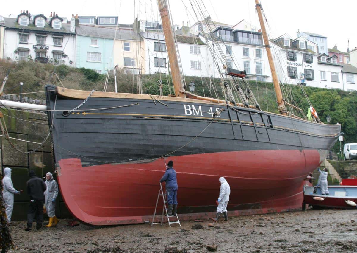 Pilgrim dried out in Brixham Inner Harbour for anti-fouling