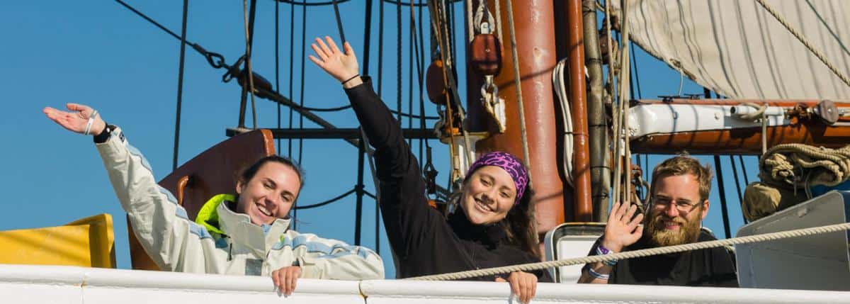 happy crew on tall ship Morgenster