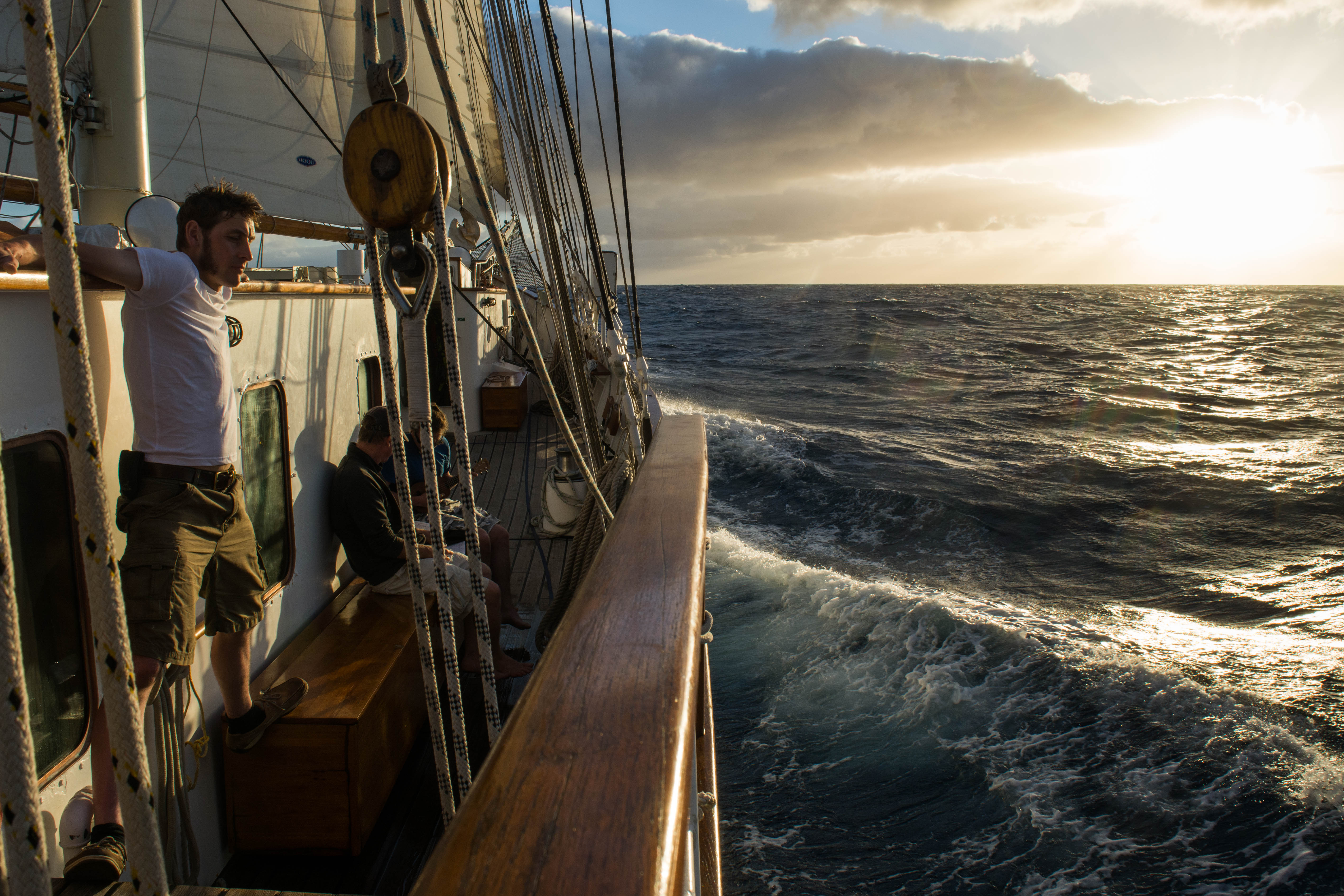 Blue Clipper under sail in the sunset at sea.
