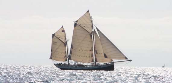 Sailing ketch Tecla under full sail on a bright day with a sparkling sea. Worldwide traditional sailing adventure holidays with Classic Sailing.