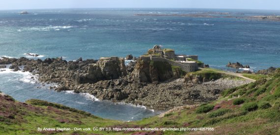 Alderney Fort Clonque credited in photo. Sailing Holidays on Pilgrim with Classic Sailing