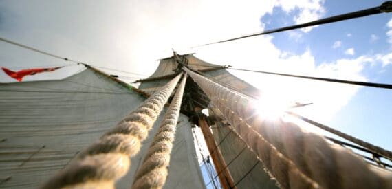 Looking up the mast of Tallship Phoenix with square sails set. Adventure sailing holidays with Classic Sailing