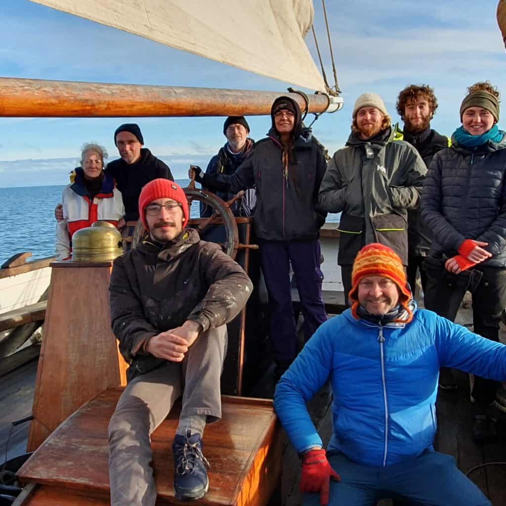 Happy crew on board Leader, enjoying traditional sailing holidays