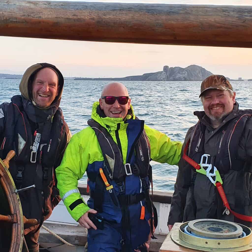 Big smiles from guest crew aboard Leader. Enjoy an adventure holiday with Classic Sailing