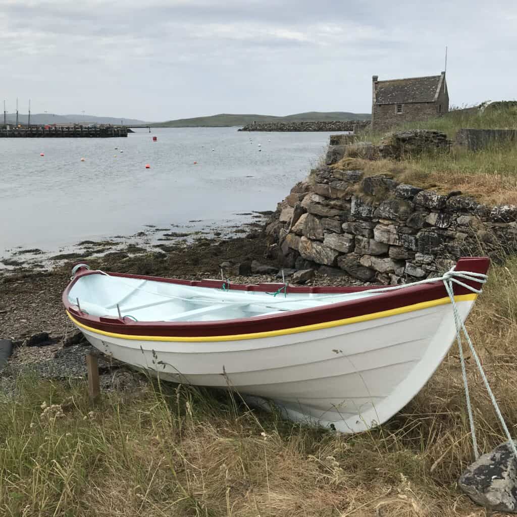 Yoal, traditional Shetland rowing and sailing dinghy.